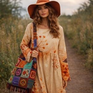 Boho Maxi Dress | Orange Brown Botanical Empire Waist